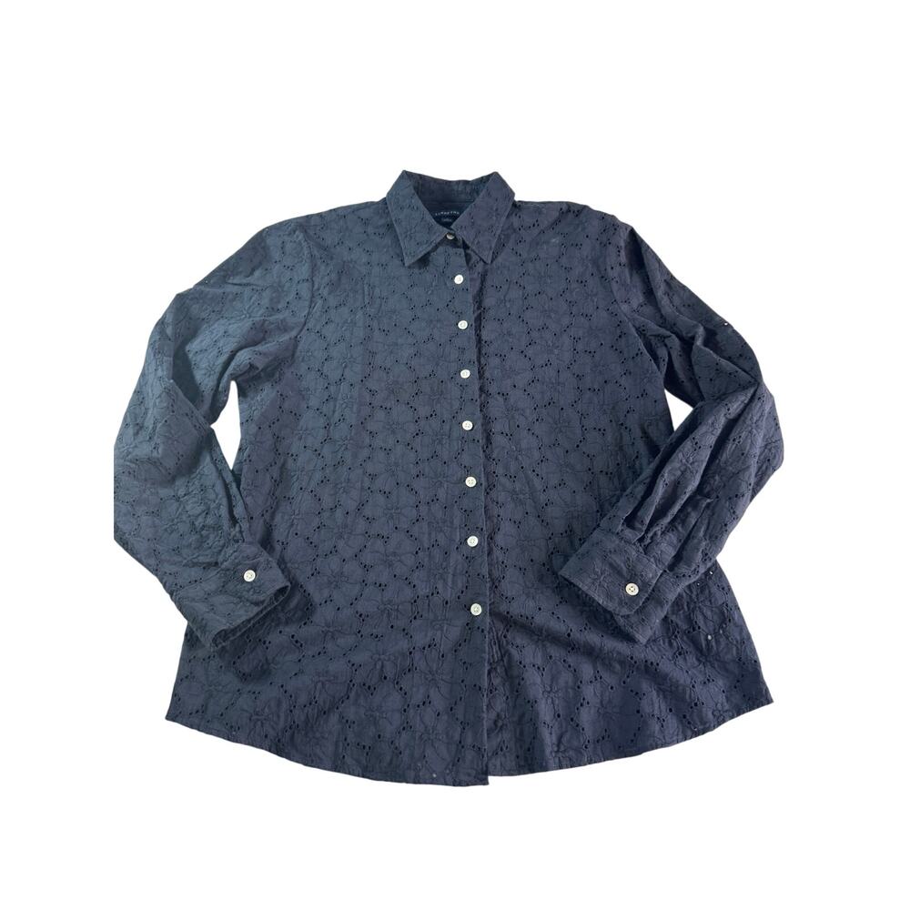 Lands' End Size 12 Navy 100% Cotton Eyelet Lace Button Down Shirt Blouse
